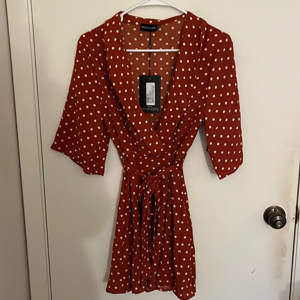 PrettyLittleThing Terracotta Polka Dot Tea Dress NWT